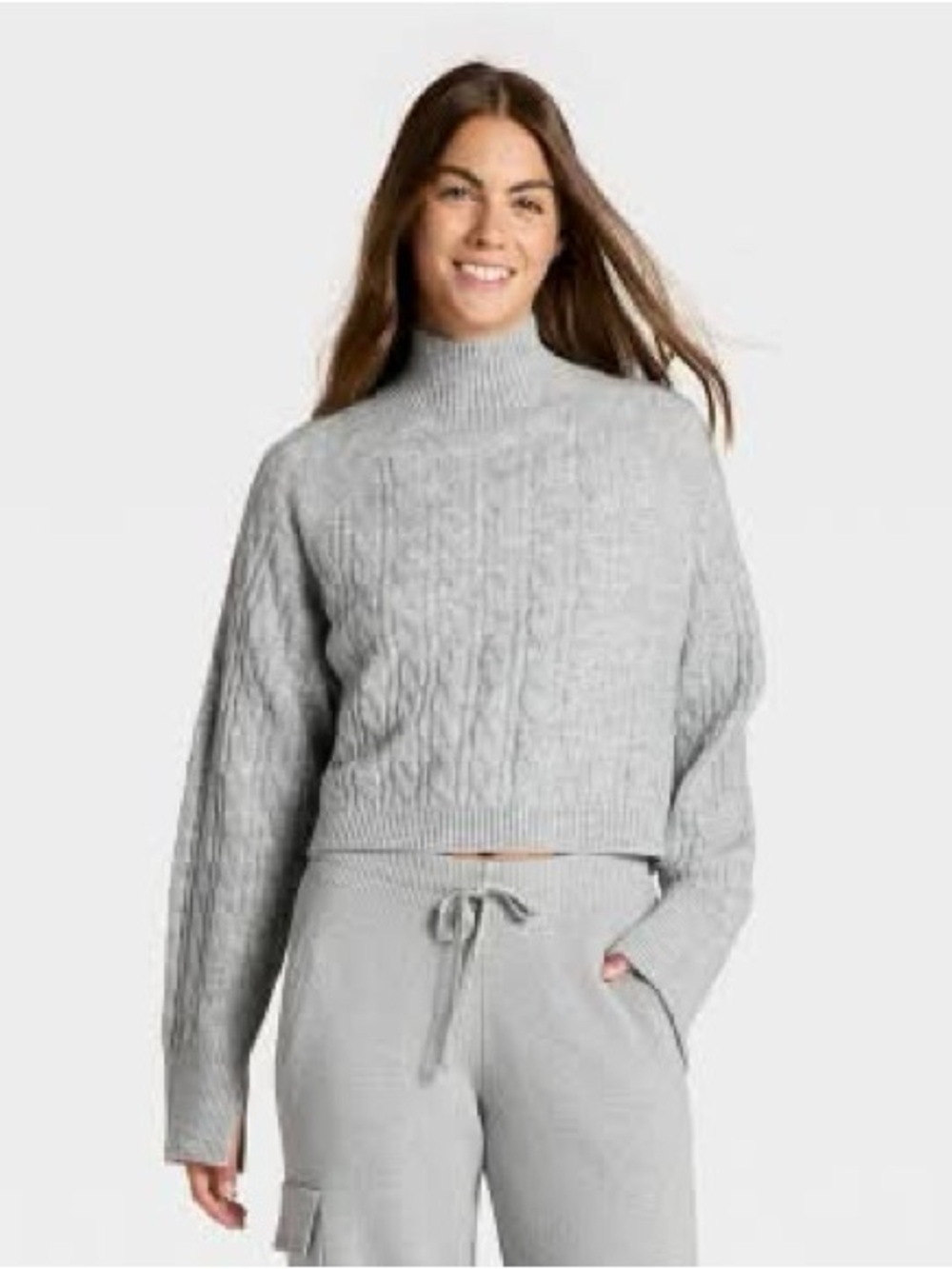 JoyLab Mock Neck Cable Knit Sweater / Heather Grey / XXL / Cropped / Preppy